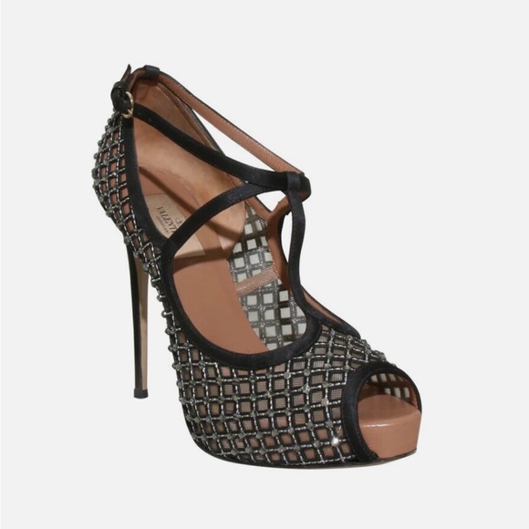 Valentino Black Crystal Fabric and Mesh Peep Toe Platform Pumps Size 38.5 - Picture 2 of 9